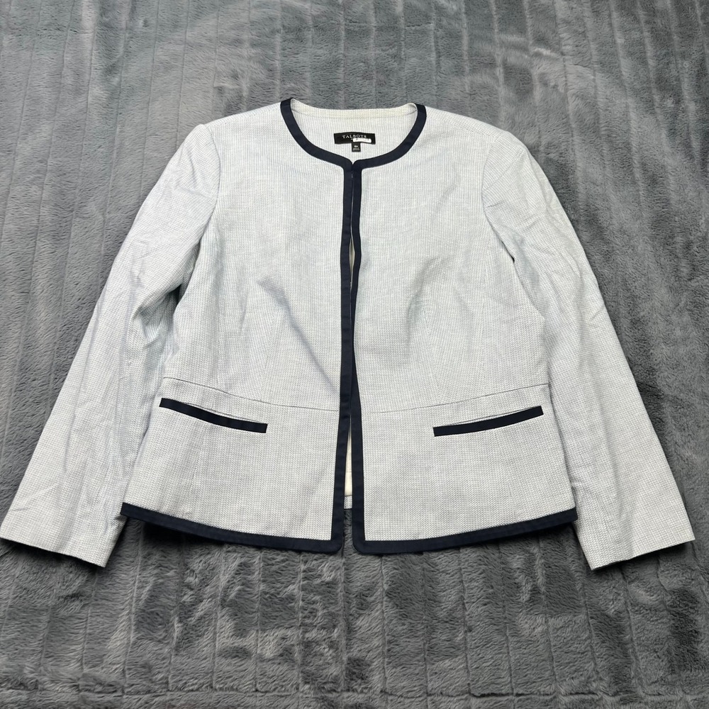Talbots Womens 16P Blue White Textured Open Front Blazer Navy Trim VN1953